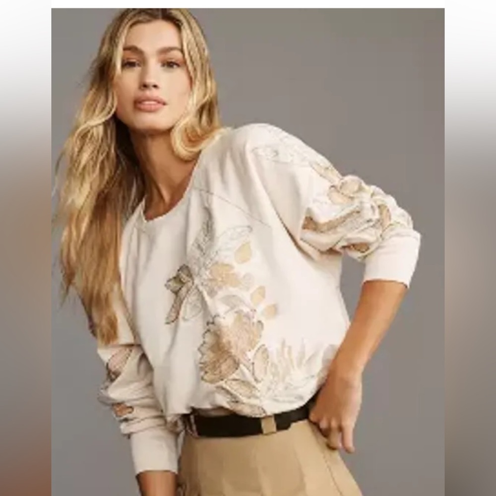 Anthropologie Embroidered Sweatshirt Floral Embellished Rib Hem Nude Tan Ivory